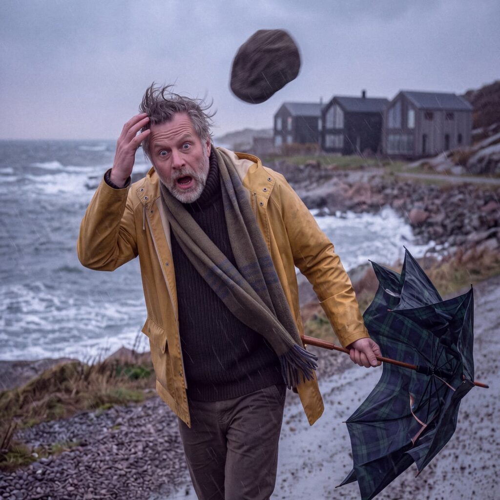 En överraskad man i gul regnjacka står vid en stormig kust med ett trasigt paraply i handen medan hans hatt blåser iväg i vinden.